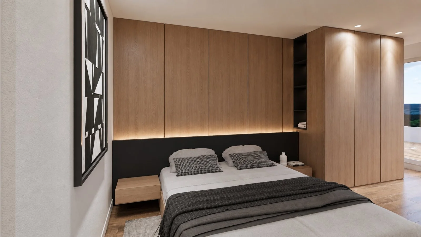 Detalle de almacenamiento e iluminación del dormitorio de Casa Bogdan