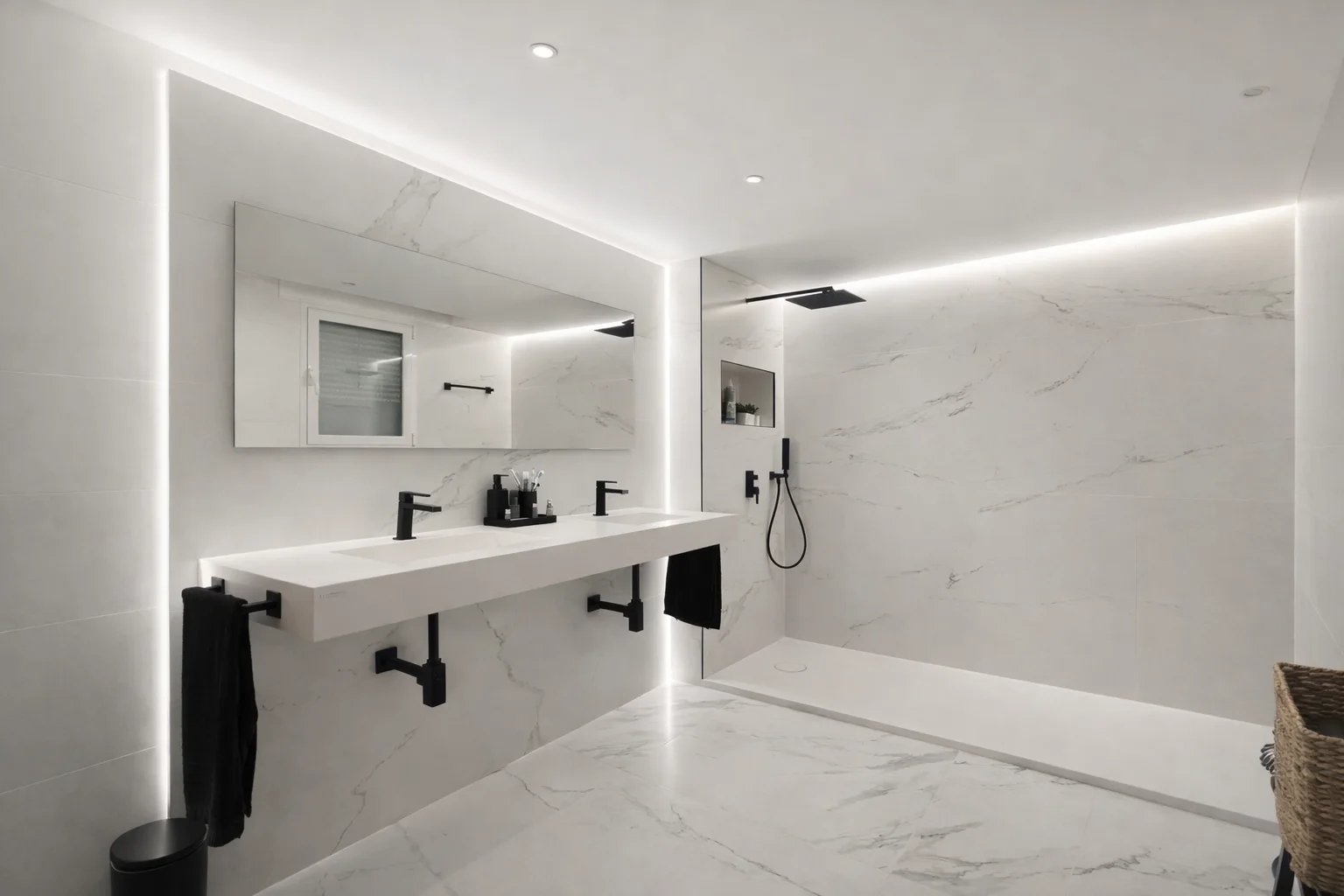 Baño principal de Casa Cruela en Montepinar con doble lavabo y ducha