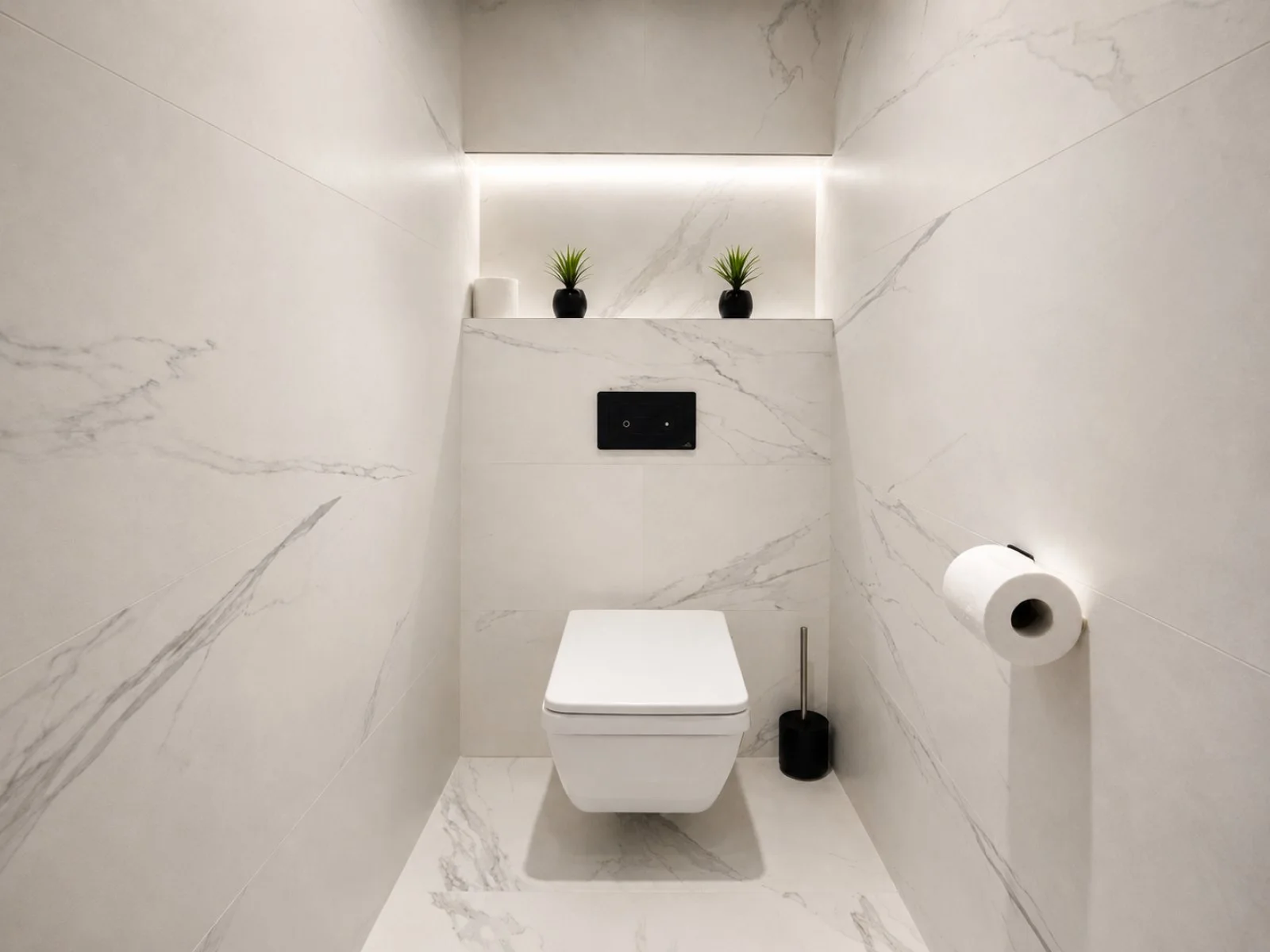 Toilet area in Casa Cruela with illuminated recessed niche
