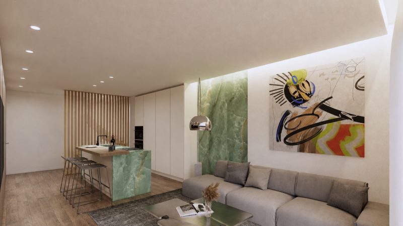 Salón y cocina de Casa Bogdan con una figura accediendo al baño