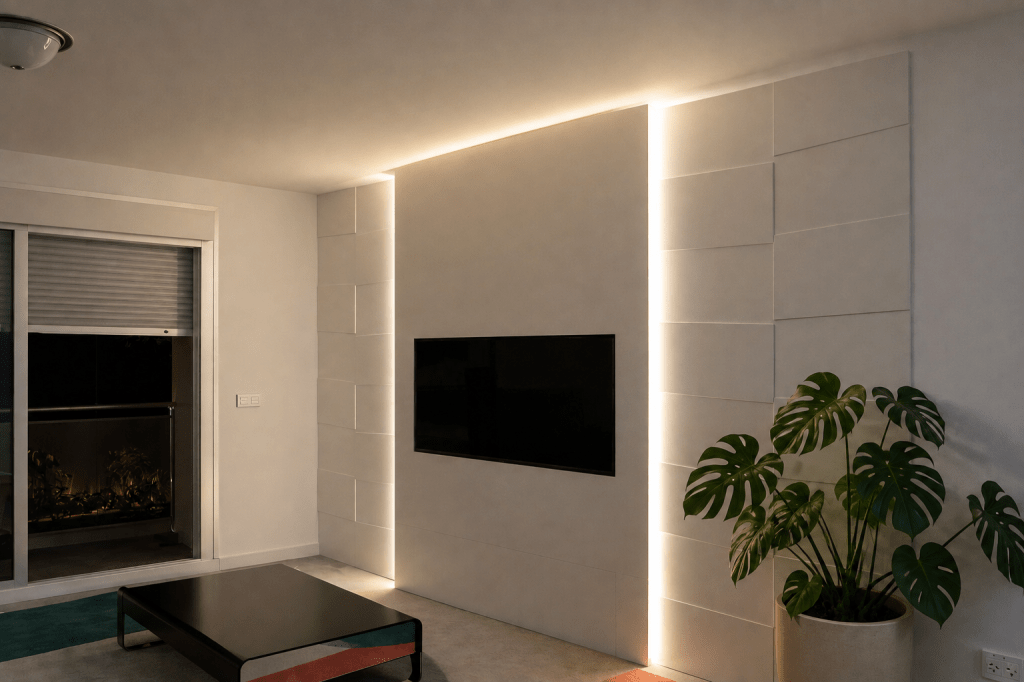 Salón de Casa Yin Yang con mueble audiovisual e iluminación integrada